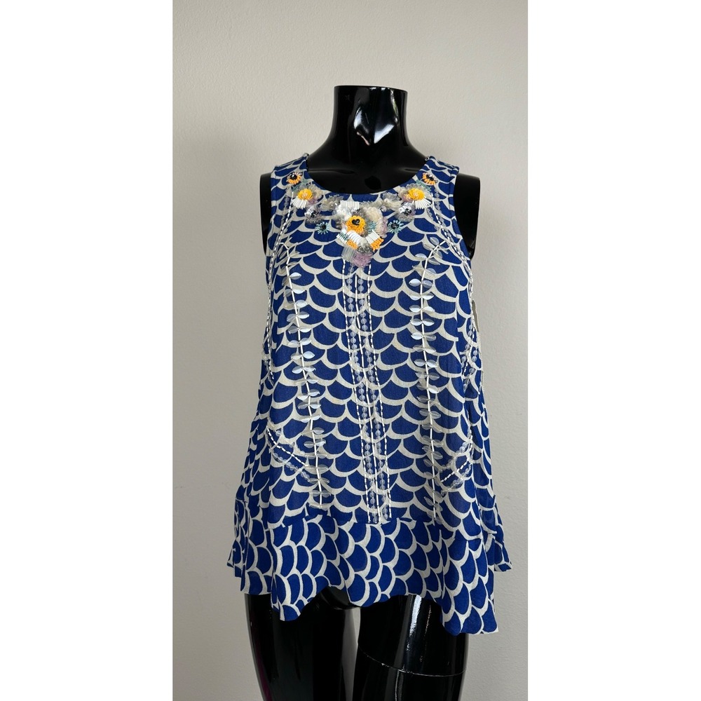 Moulinette Soeurs  for Anthropologie Blouse Sz S Blue White Beaded Embellished - Picture 2 of 10
